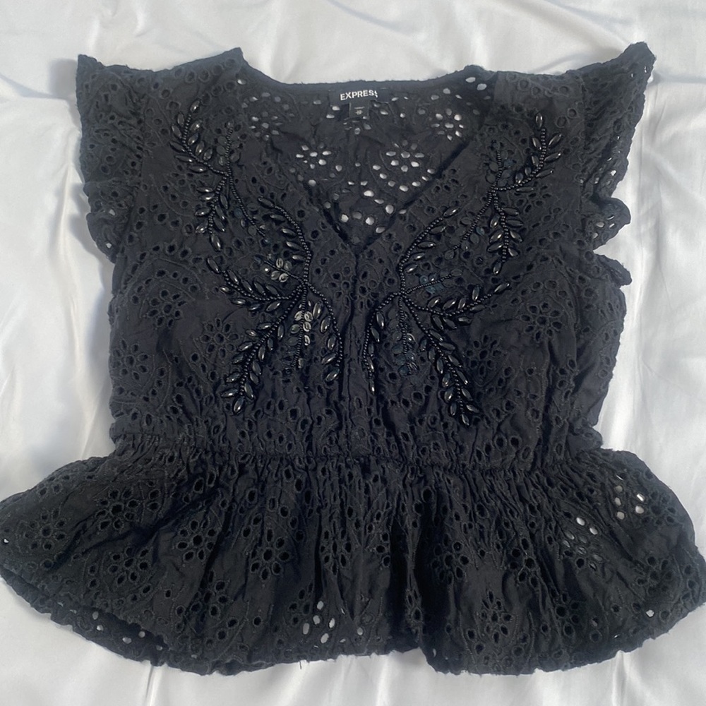 Express Embroidered Eyelet Flutter Beaded Open Sh… - image 3